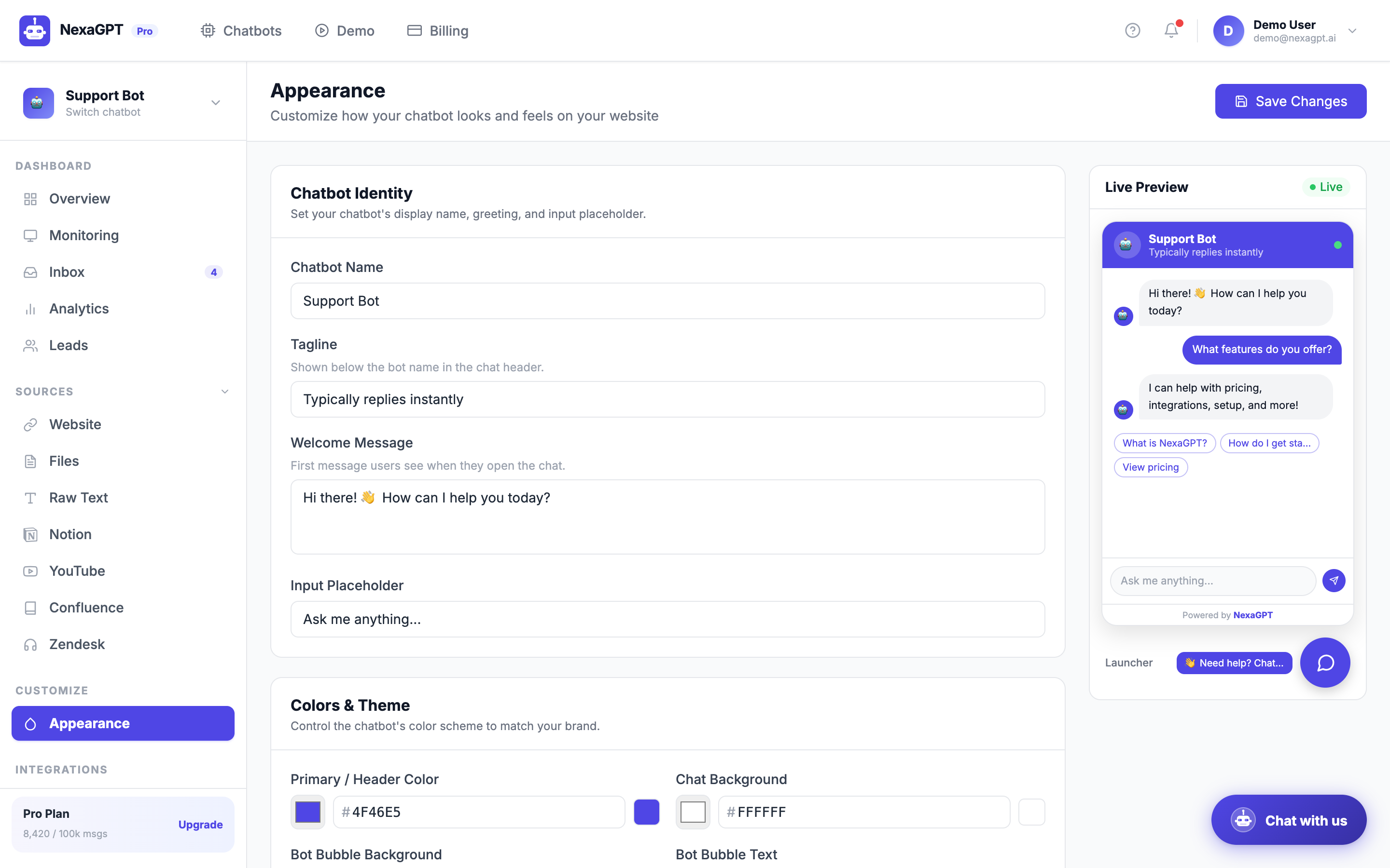 Customizing the NexaGPT chatbot appearance